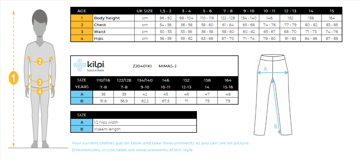 Kid's ski pants Kilpi MIMAS-J – Size chart