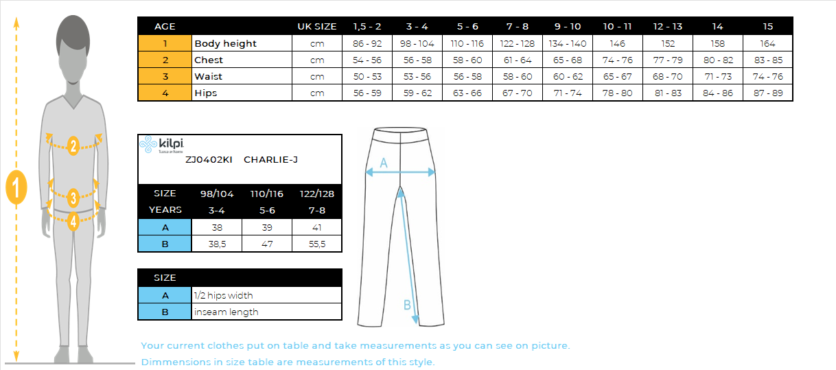 Kid's ski pants Kilpi CHARLIE-J – Size chart