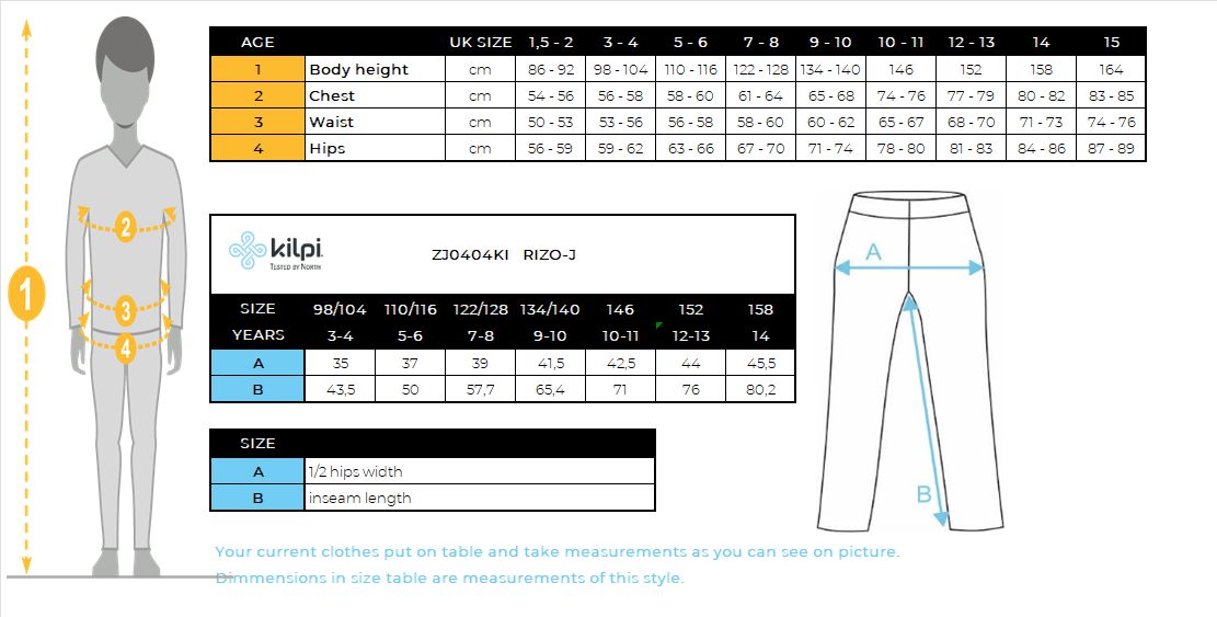 Pantaloni outdoor softshell da bambino Kilpi RIZO-J – Size chart
