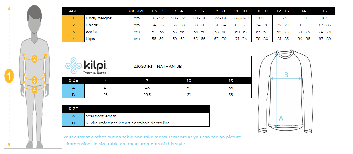 Boy's seamless thermal long-sleeve T-shirt Kilpi NATHAN-JB – Size chart
