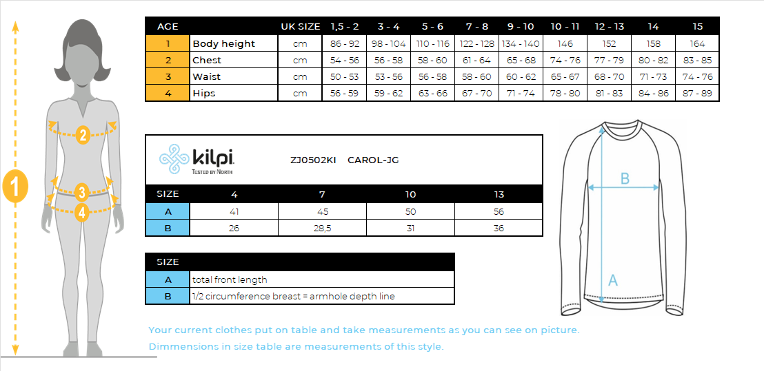 T-shirt termica da bambina a maniche lunghe senza cuciture Kilpi CAROL-JG – Size chart