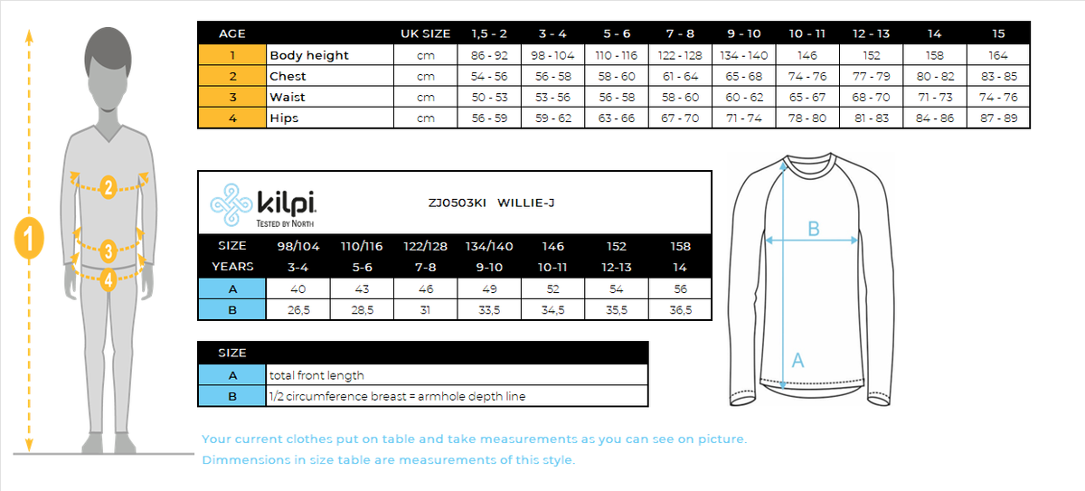Kid's thermal long-sleeve T-shirt Kilpi WILLIE-J – Size chart