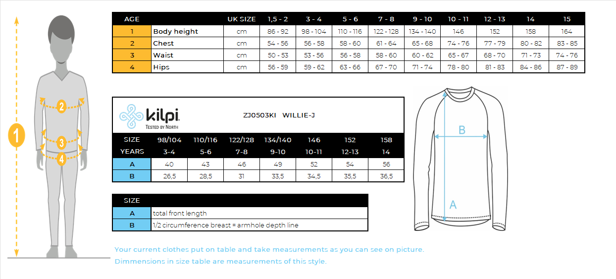 Kid's thermal long-sleeve T-shirt Kilpi WILLIE-J – Size chart