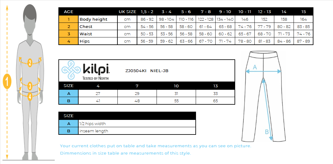 Boy's seamless thermal pants Kilpi NIEL-JB – Size chart