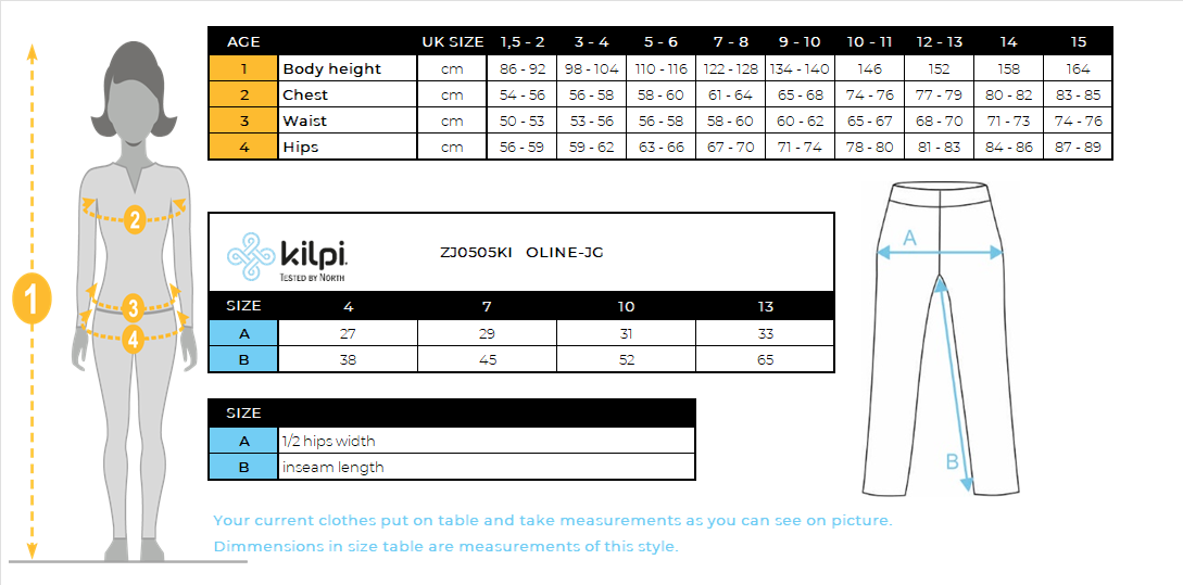 Girl's seamless thermal pants Kilpi OLINE-JG – Size chart