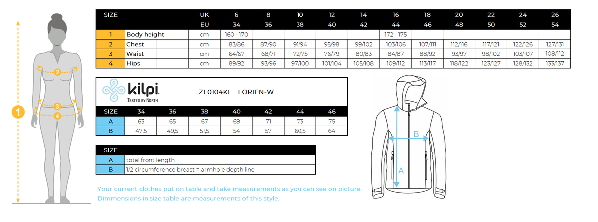 DONNAla giacca da sci Kilpi LORIEN-W – Size chart