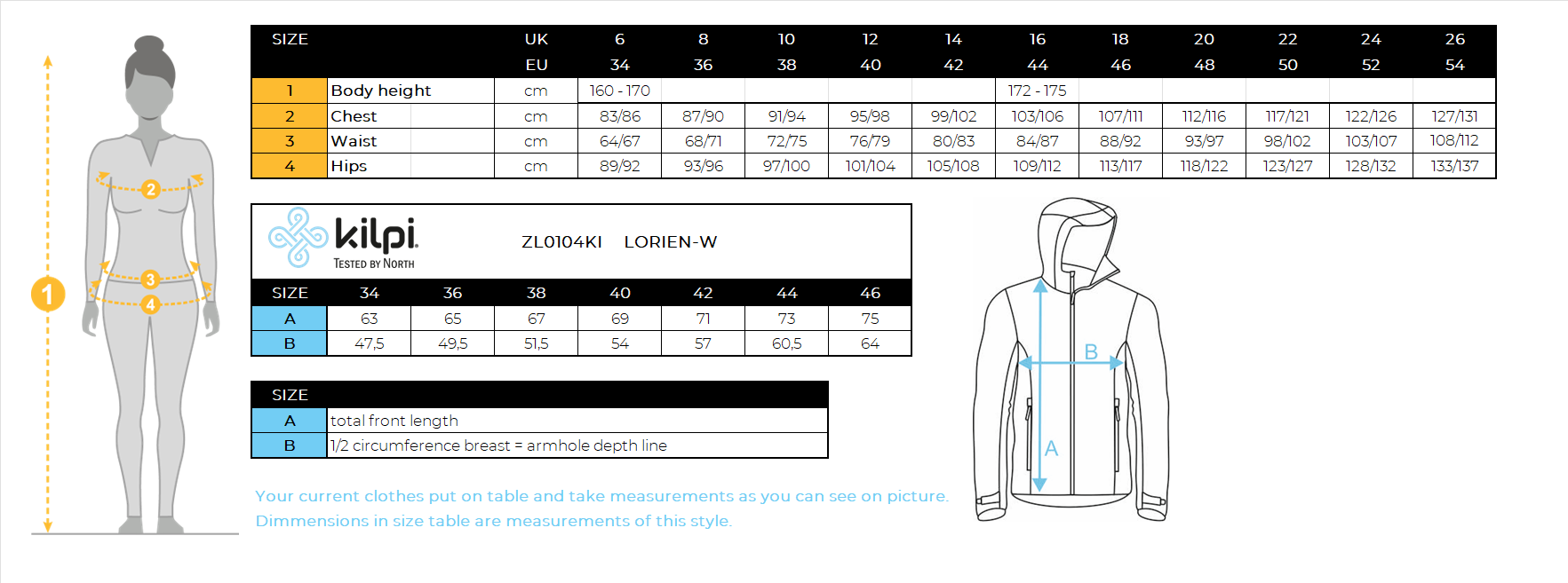 DONNAla giacca da sci Kilpi LORIEN-W – Size chart