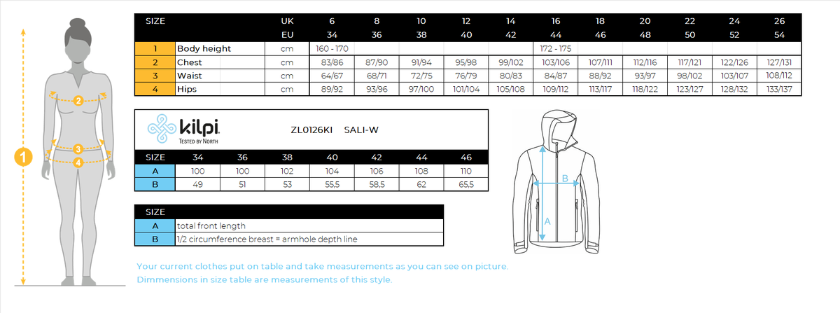 DONNAil cappotto isolante Kilpi SALI-W – Size chart