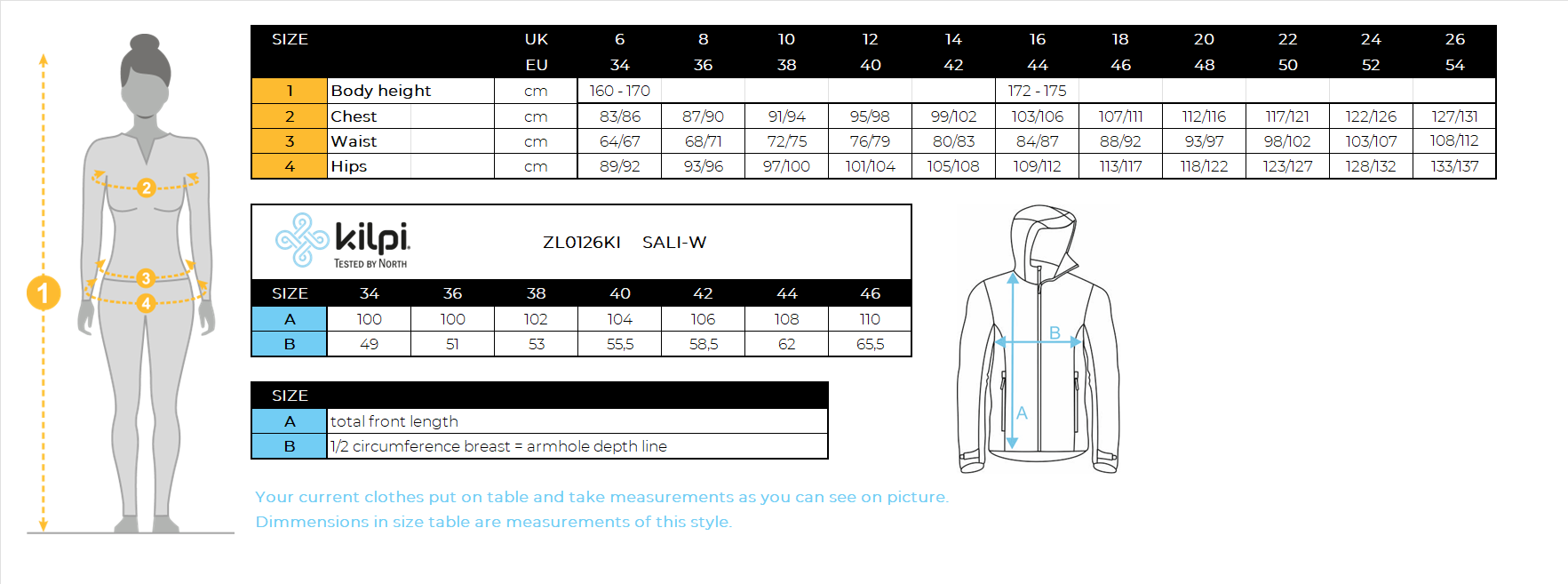 DONNAil cappotto isolante Kilpi SALI-W – Size chart