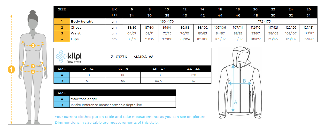 Women's insulated coat Kilpi MAIRA-W – Size chart