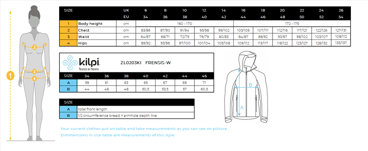 Women's fleece hoodie Kilpi FRENSIS-W – Size chart