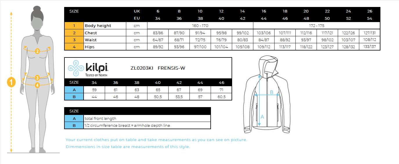 Women's fleece hoodie Kilpi FRENSIS-W – Size chart