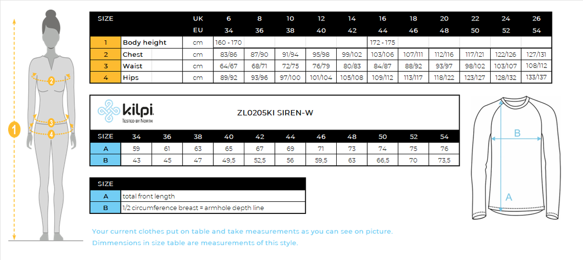 Women's fleece sweatshirt Kilpi SIREN-W – Size chart