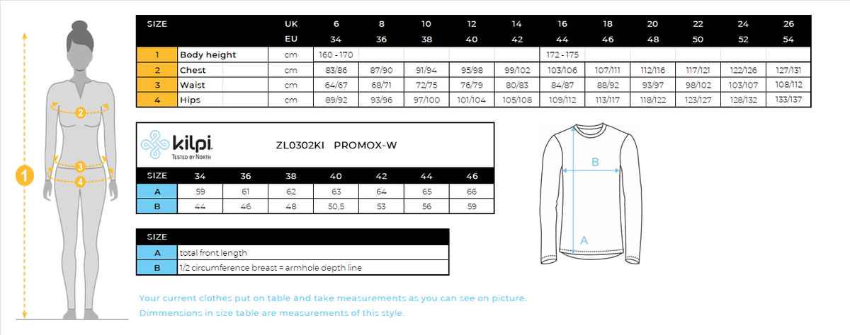 Women's cotton long-sleeve T-shirt Kilpi PROMOX-W – Size chart
