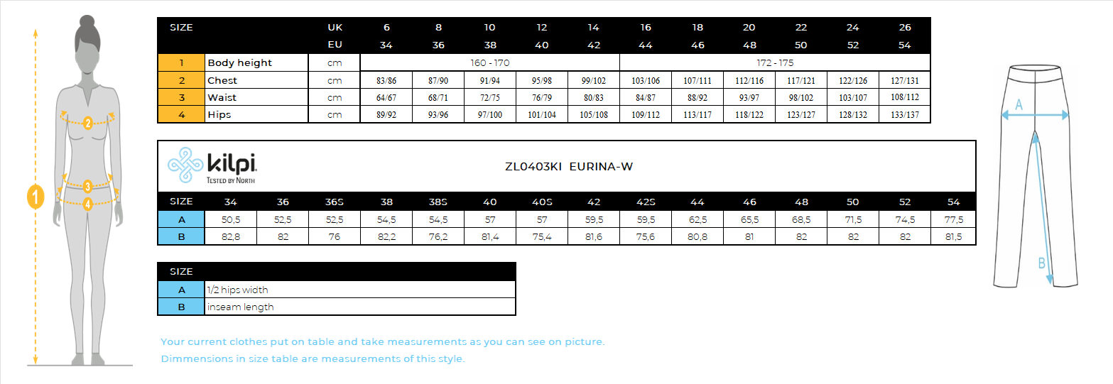 Women's ski pants Kilpi EURINA-W – Size chart