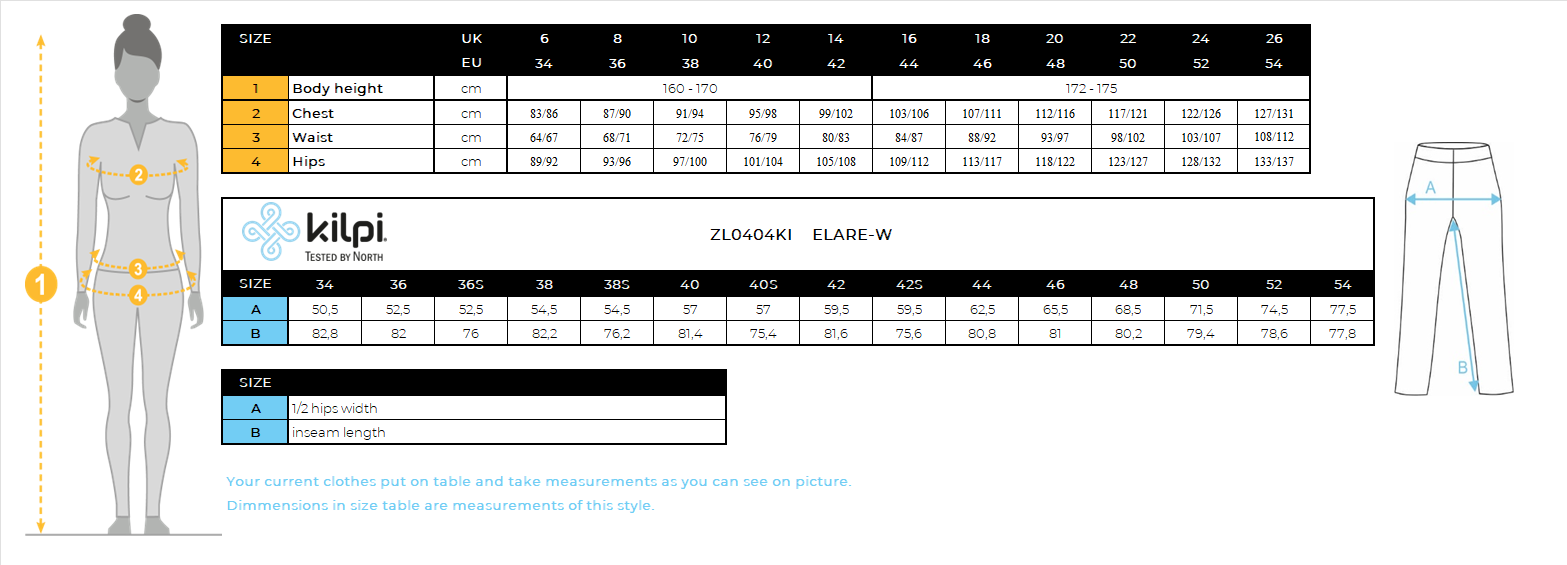 DONNAi pantaloni da sci Kilpi ELARE-W – Size chart