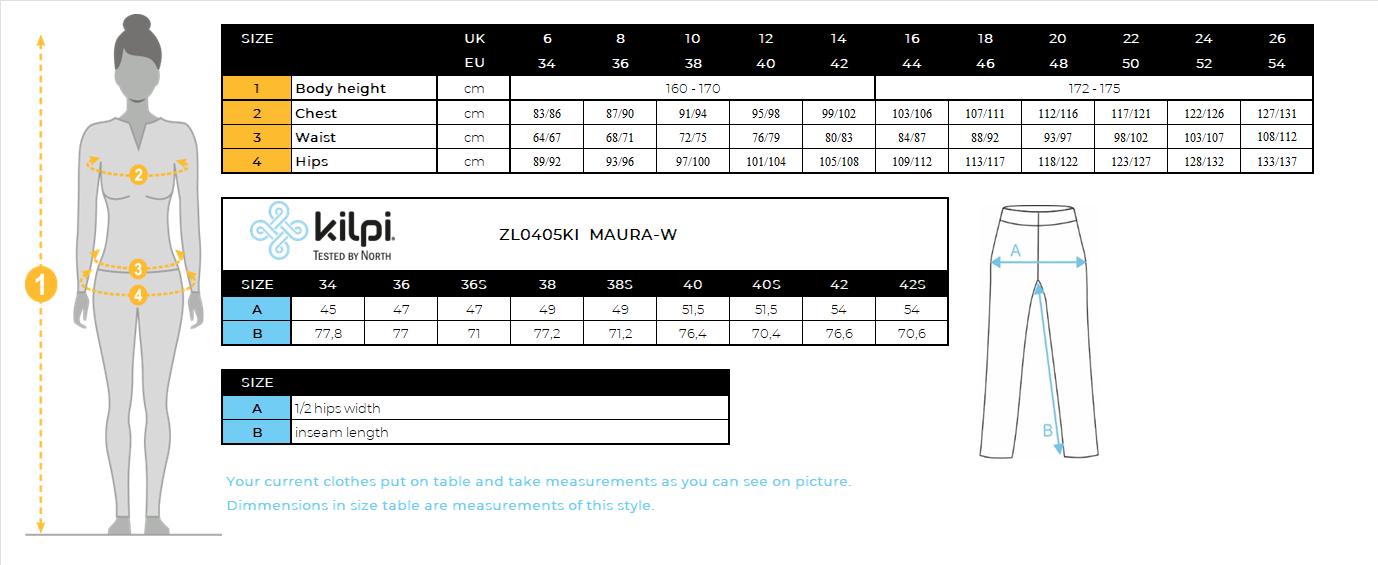 Women's ski softshell pants Kilpi MAURA-W – Size chart