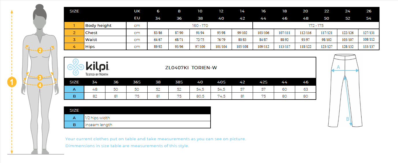DONNAI pantaloni da sci softshell di Kilpi TORIEN-W – Size chart