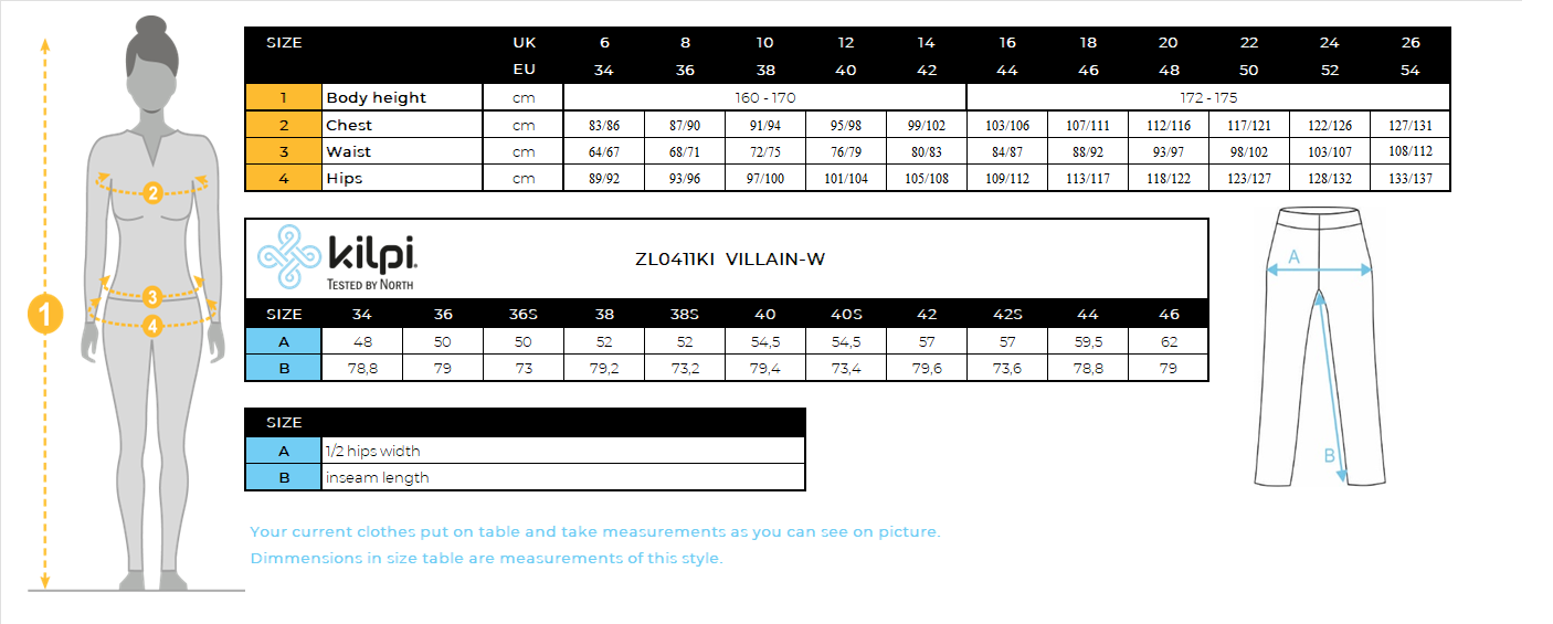 Women's outdoor pants Kilpi VILLAIN-W – Size chart