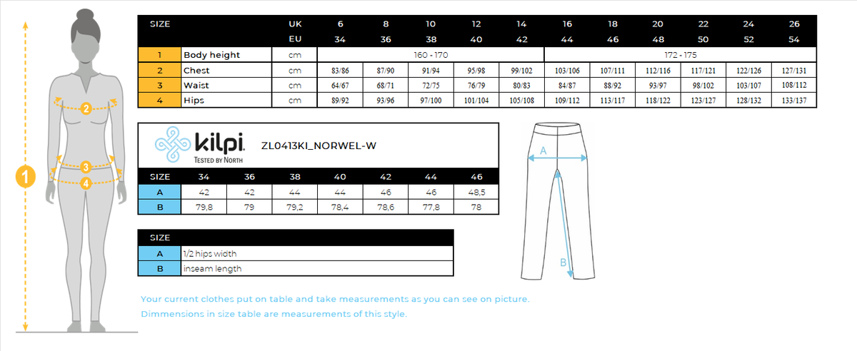 DONNAha i pantaloni da corsa Kilpi NORWEL-W – Size chart