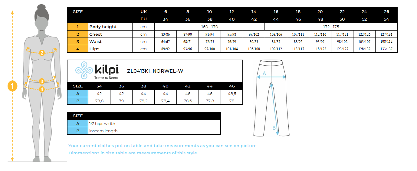 DONNAha i pantaloni da corsa Kilpi NORWEL-W – Size chart