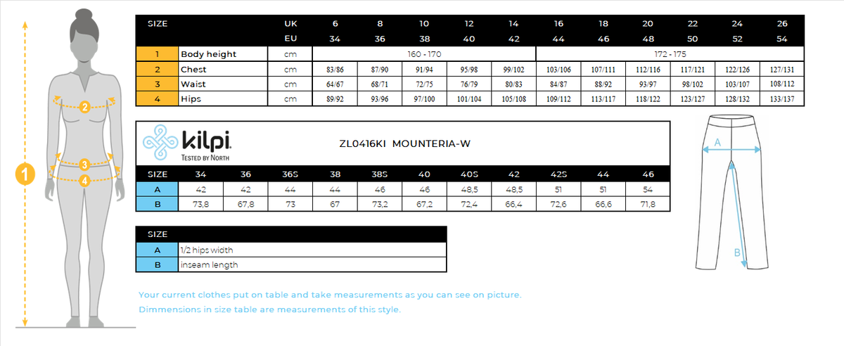 Women's outdoor pants Kilpi MOUNTERIA-W – Size chart