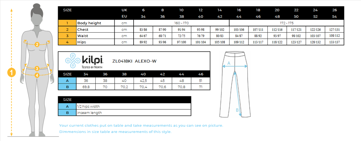 Women's sports leggings Kilpi ALEXO-W – Size chart