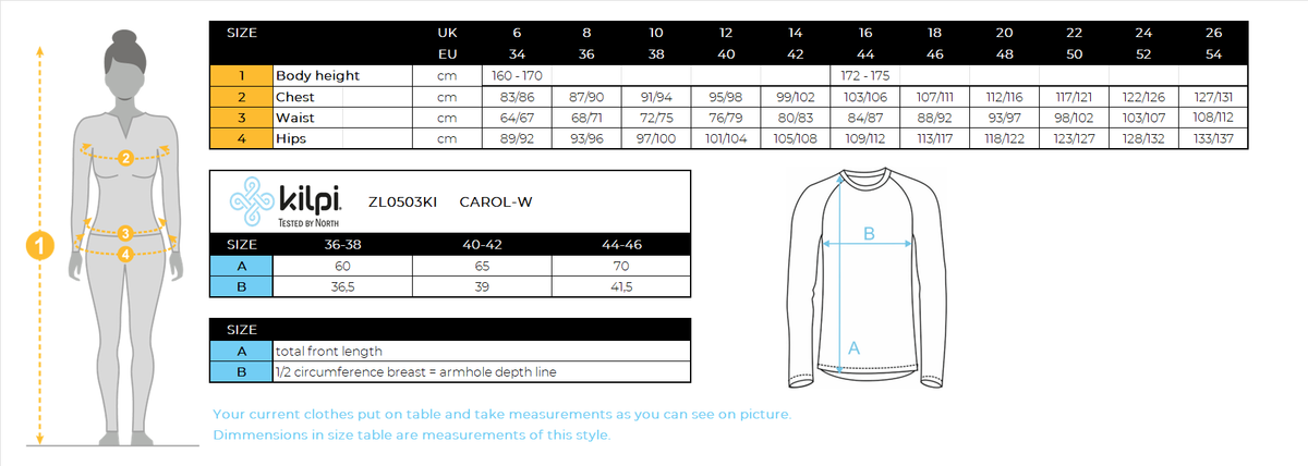 DONNALa maglietta termica a maniche lunghe senza cuciture di Kilpi CAROL-W – Size chart