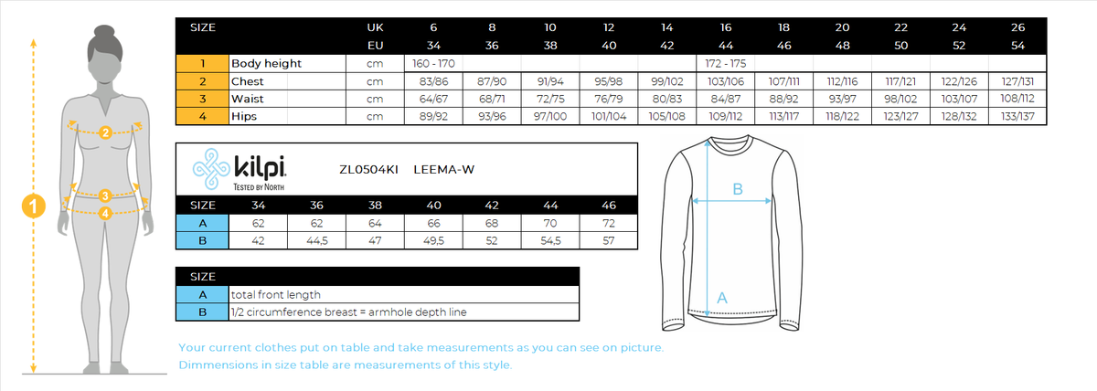 Women's thermal long-sleeve T-shirt Kilpi LEEMA-W – Size chart