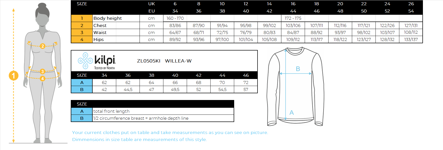 Women's thermal long-sleeve T-shirt Kilpi WILLEA-W – Size chart