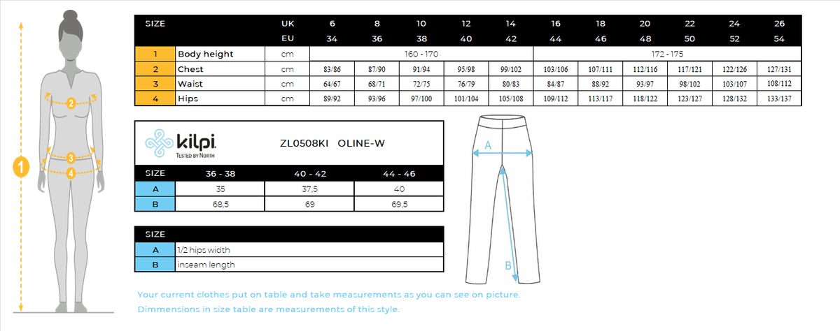 DONNAI pantaloni termici senza cuciture di Kilpi OLINE-W – Size chart