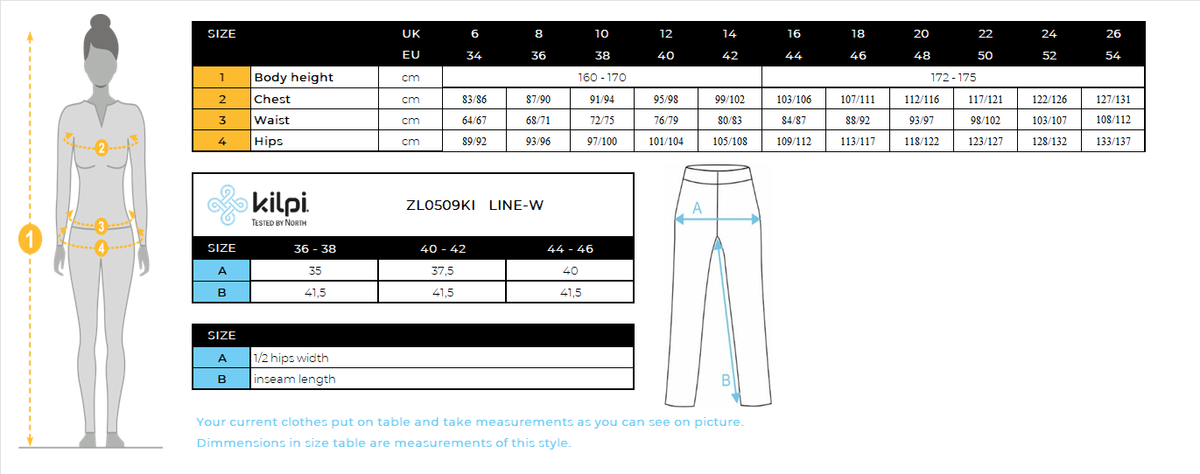 Women's seamless base layer 3/4 pants Kilpi LINE-W – Size chart