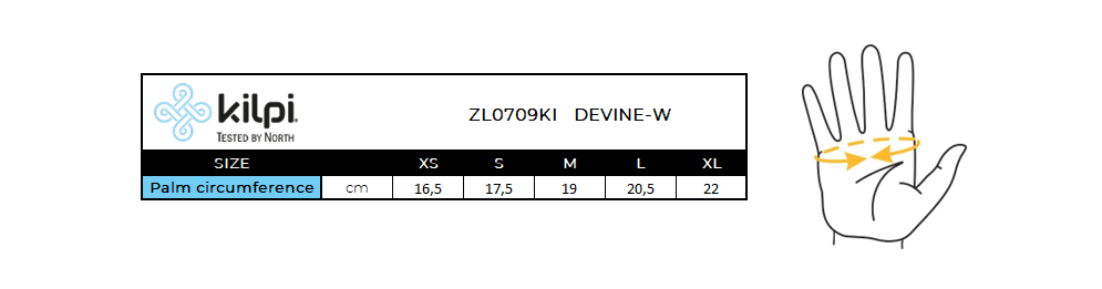 Women's ski gloves Kilpi DEVINE-W – Size chart