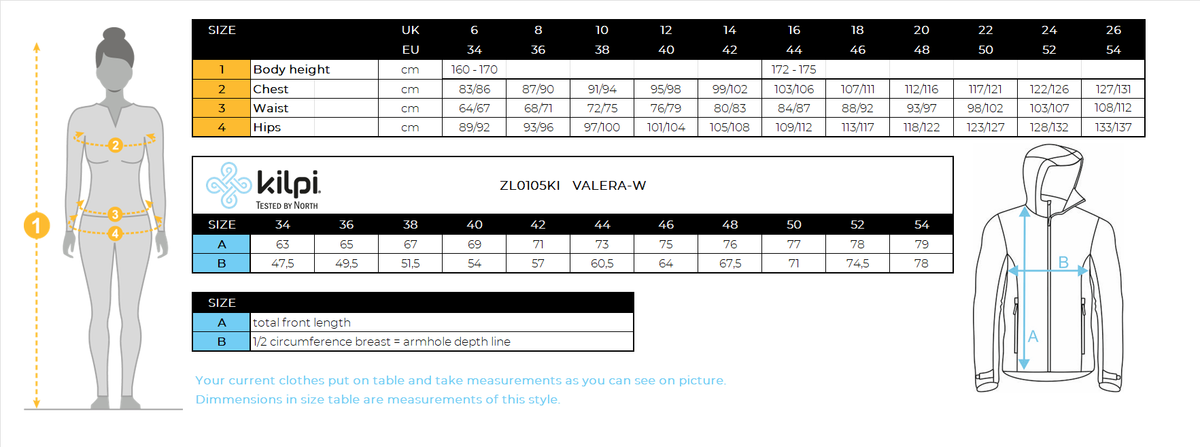 Women's ski jacket Kilpi VALERA-W – Size chart