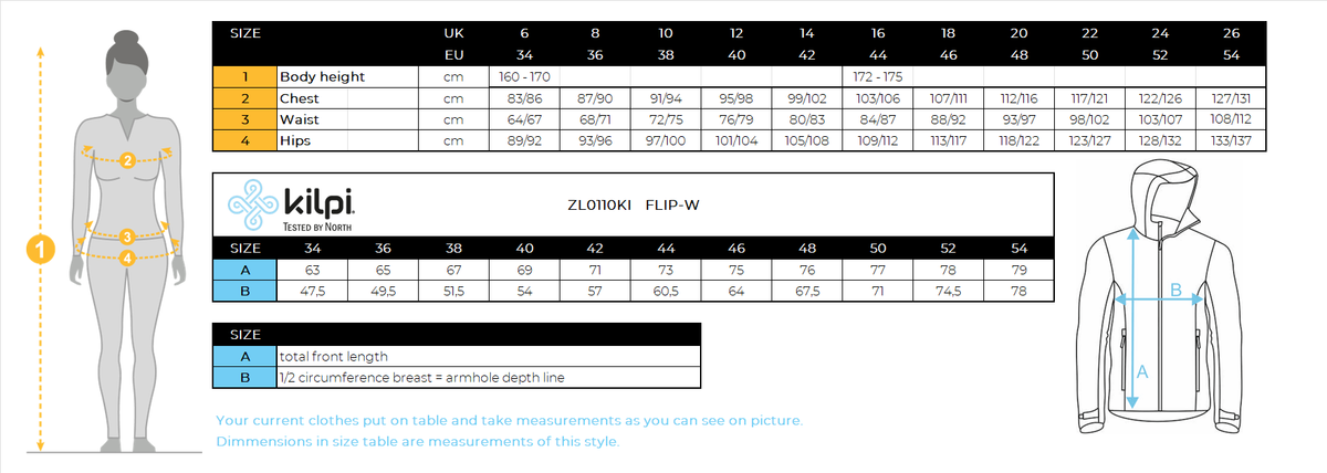 Women's ski jacket Kilpi FLIP-W – Size chart