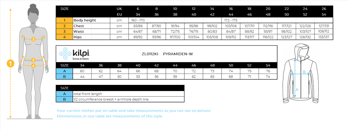 Women's down jacket Kilpi PYRAMIDEN-W – Size chart