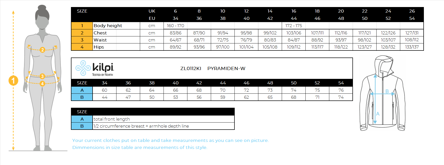 Women's down jacket Kilpi PYRAMIDEN-W – Size chart