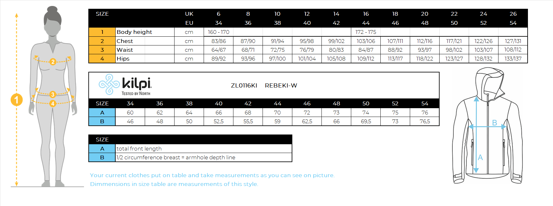 Women's insulated jacket Kilpi REBEKI-W – Size chart