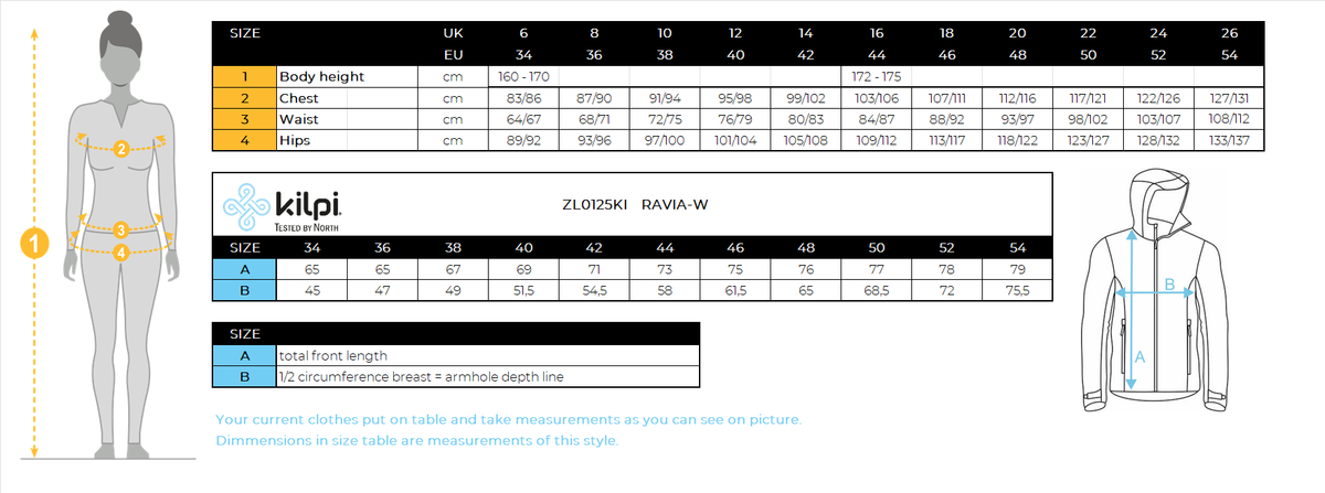 Women's softshell jacket Kilpi RAVIA-W – Size chart