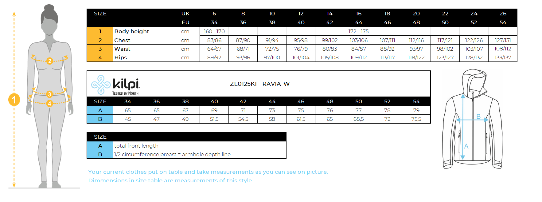 Women's softshell jacket Kilpi RAVIA-W – Size chart