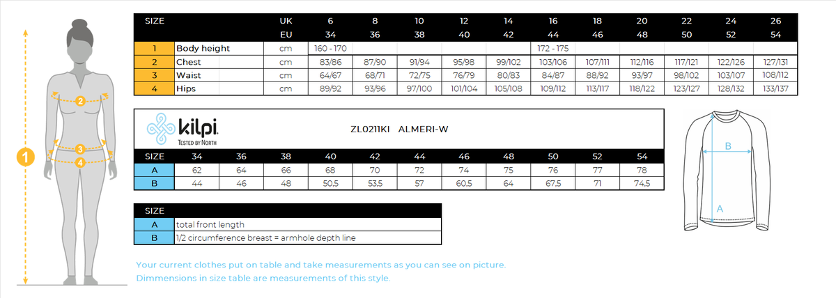 Women's fleece sweatshirt Kilpi ALMERI-W – Size chart