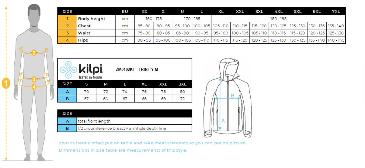 Men's hardshell jacket Kilpi TRINITY-M – Size chart