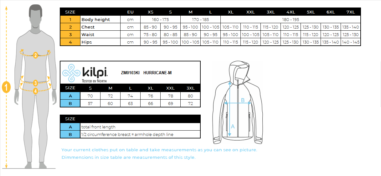 UOMOla giacca rigida di Kilpi HURRICANE-M – Size chart