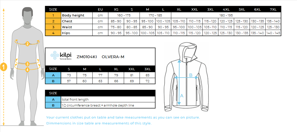 UOMOla giacca da esterno Kilpi OLVERA-M – Size chart