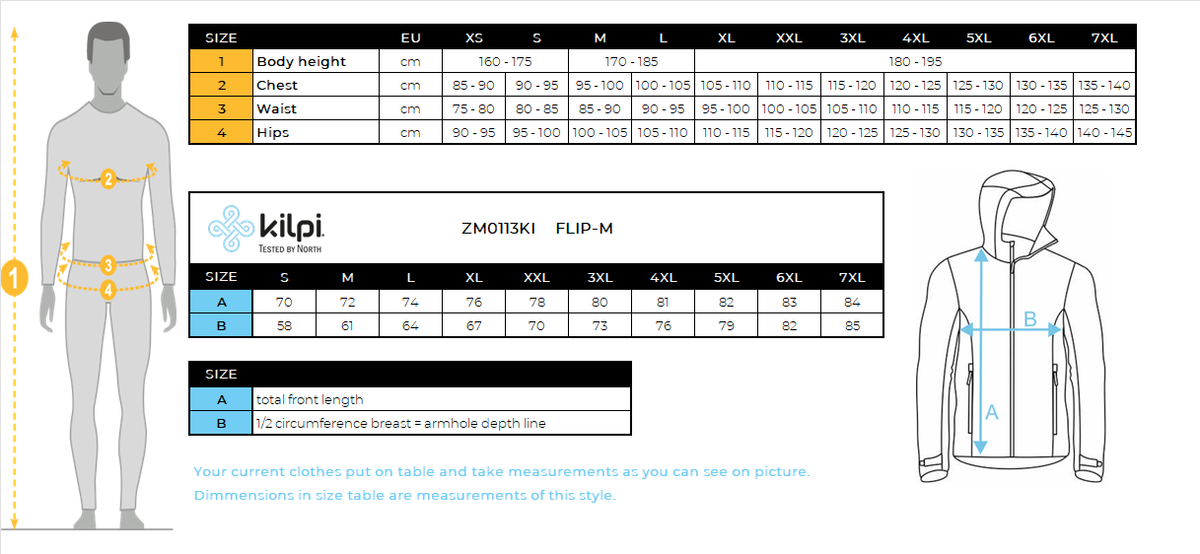 UOMOla giacca da sci Kilpi FLIP-M – Size chart