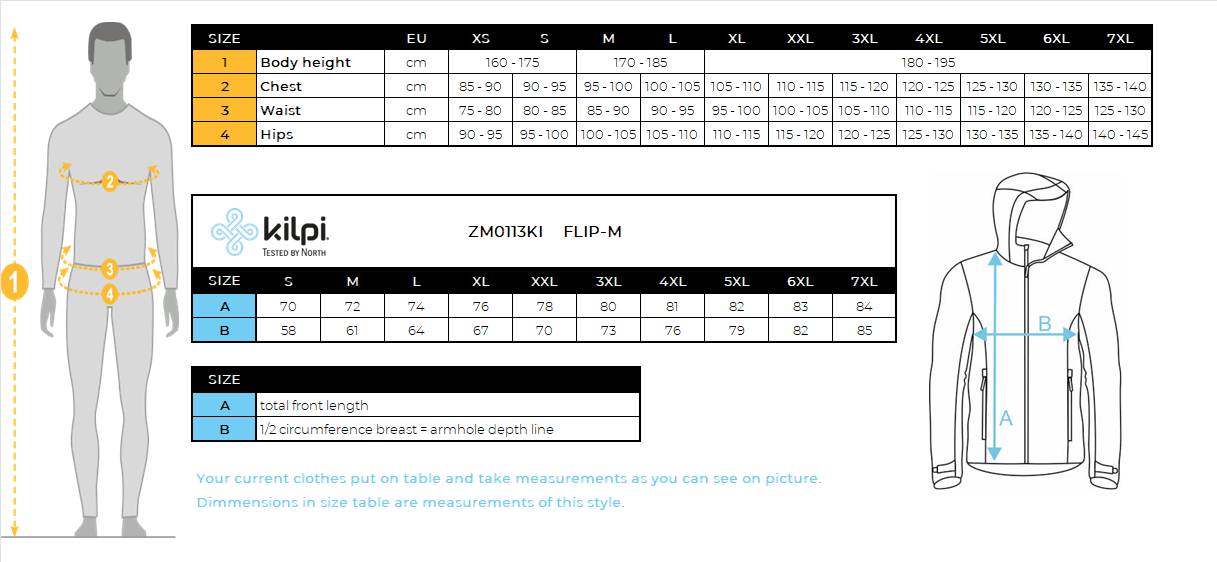 UOMOla giacca da sci Kilpi FLIP-M – Size chart