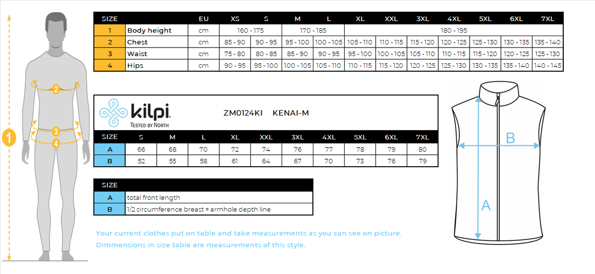 UOMOil giubbotto isolante Kilpi KENAI-M – Size chart