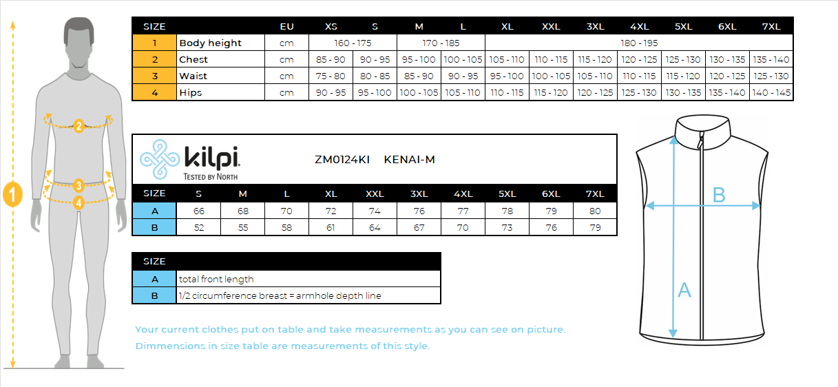 UOMOil giubbotto isolante Kilpi KENAI-M – Size chart