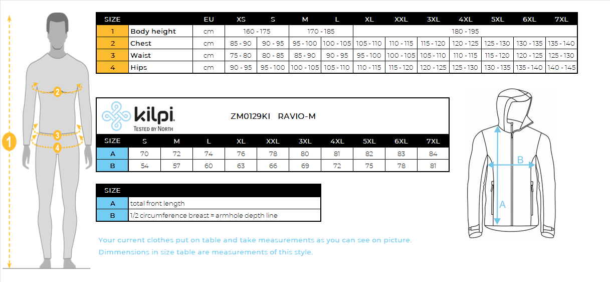 Men's softshell jacket Kilpi RAVIO-M – Size chart