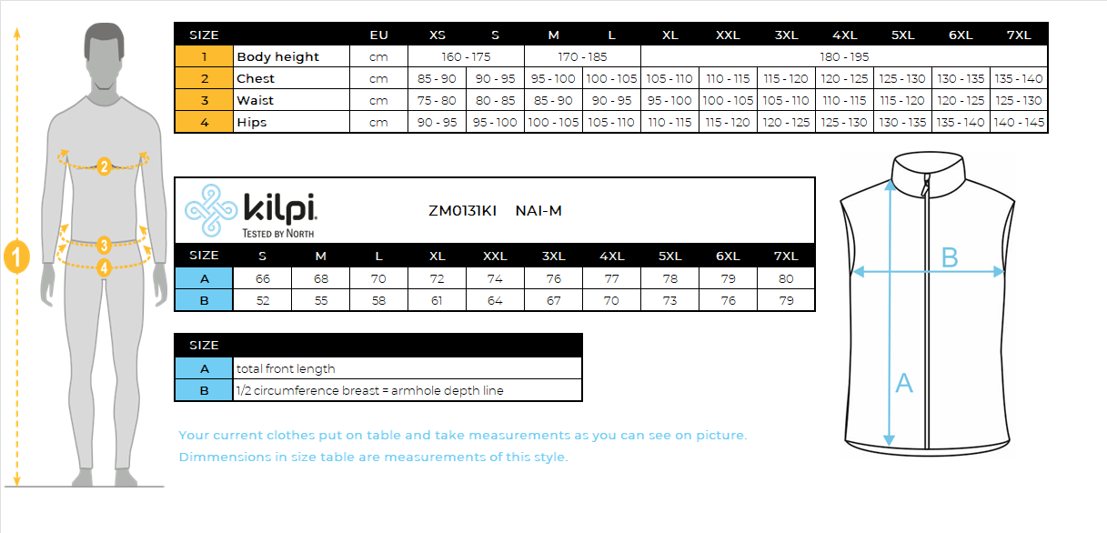 UOMOil giubbotto isolante Kilpi NAI-M – Size chart